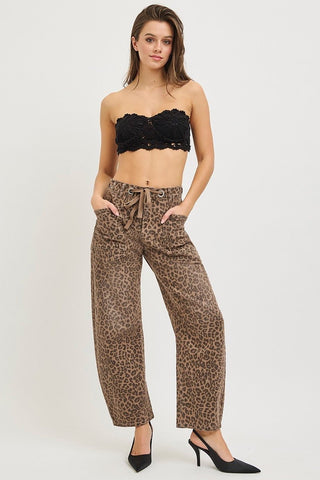 Risen | Brown Leopard Slouchy Crop Barrel Pants - Sugar Co.