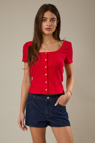 Scarlet Staple Ribbed Button Top - Sugar Co.