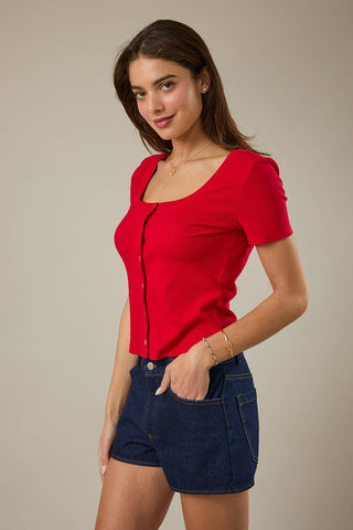 Scarlet Staple Ribbed Button Top - Sugar Co.