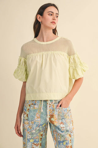 Sheer Romance Bubble Sleeve Top Chartreuse - Sugar Co.