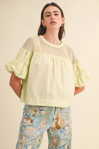 Sheer Romance Bubble Sleeve Top Chartreuse - Sugar Co.