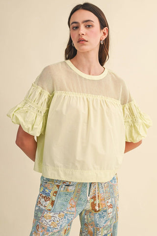 Sheer Romance Bubble Sleeve Top Chartreuse - Sugar Co.