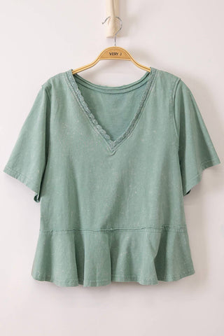 Soft Bloom Lace Trim Top Sage - Sugar Co.