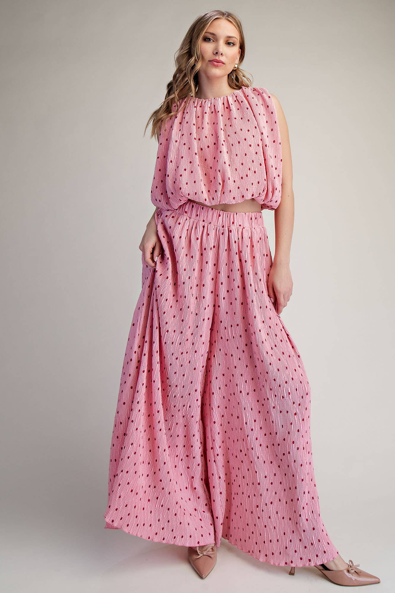 Stunner Polka Dot Pleated Wide-Leg Pants