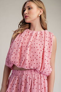 Stunner Polka Dot Sleeveless Pleated Top