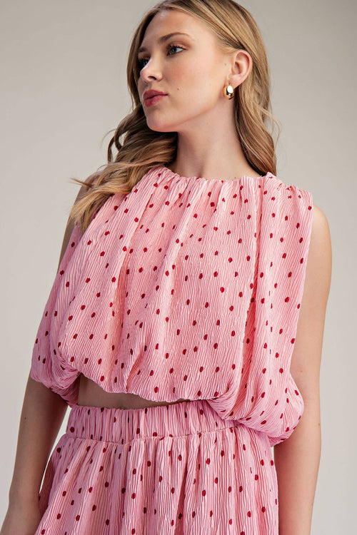 Stunner Polka Dot Sleeveless Pleated Top - Sugar Co.