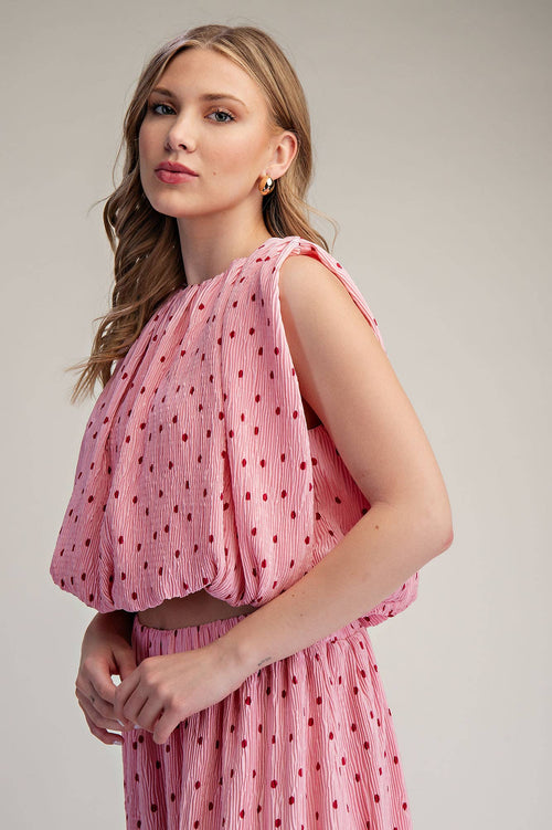 Stunner Polka Dot Sleeveless Pleated Top - Sugar Co.