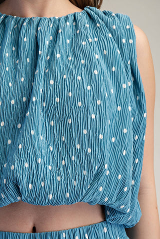 Stunner Polka Dot Sleeveless Pleated Top Blue - Sugar Co.