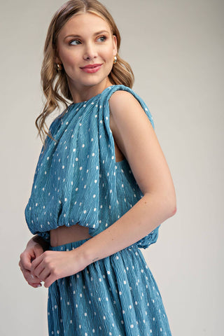 Stunner Polka Dot Sleeveless Pleated Top Blue - Sugar Co.