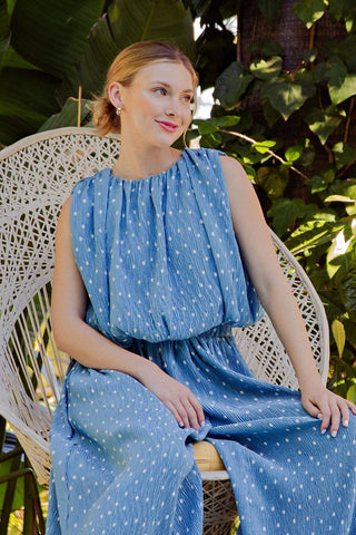 Stunner Polka Dot Sleeveless Pleated Top Blue - Sugar Co.
