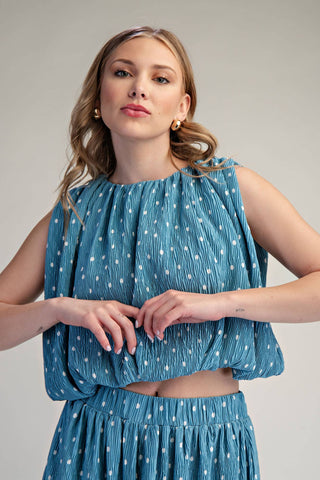 Stunner Polka Dot Sleeveless Pleated Top Blue - Sugar Co.