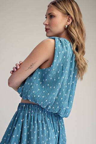 Stunner Polka Dot Sleeveless Pleated Top Blue - Sugar Co.
