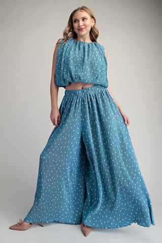 Stunner Polka Dot Sleeveless Pleated Top Blue - Sugar Co.