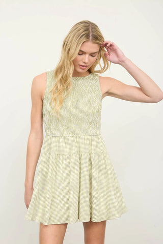 Sugar Check Mini Dress Light Olive - Sugar Co.