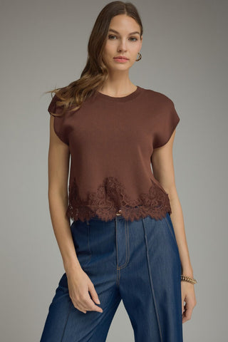 The Sweet Grace Lace Sweater Brown - Sugar Co.