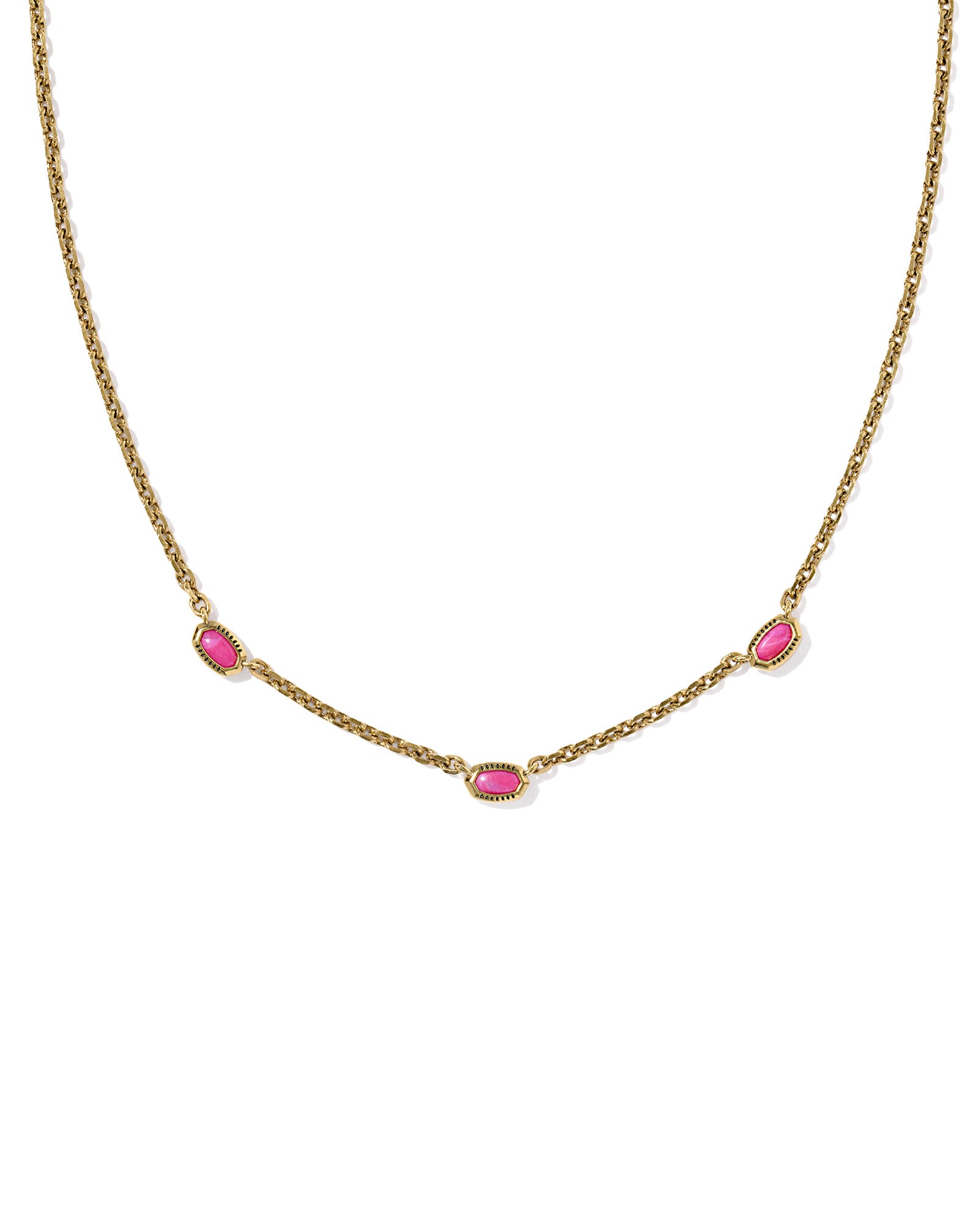 Mini Elisa Gold Three Stone Strand Necklace: Vintage Gold with Dark Fuchsia Variegated Magnesite