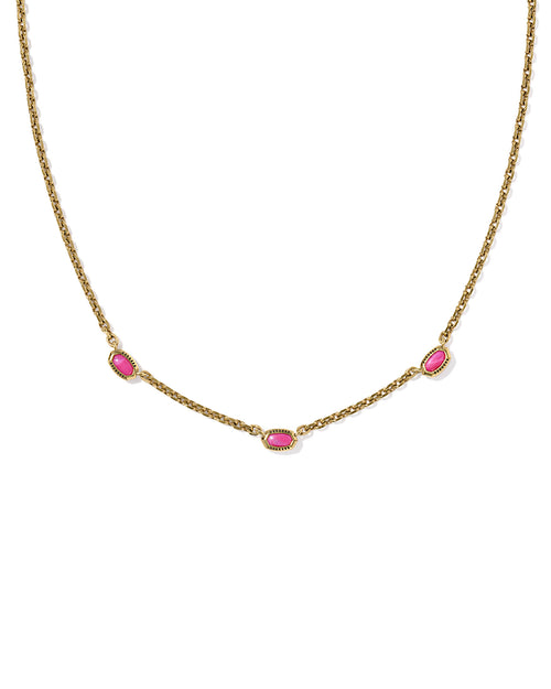 Mini Elisa Gold Three Stone Strand Necklace: Vintage Gold with Dark Fuchsia Variegated Magnesite