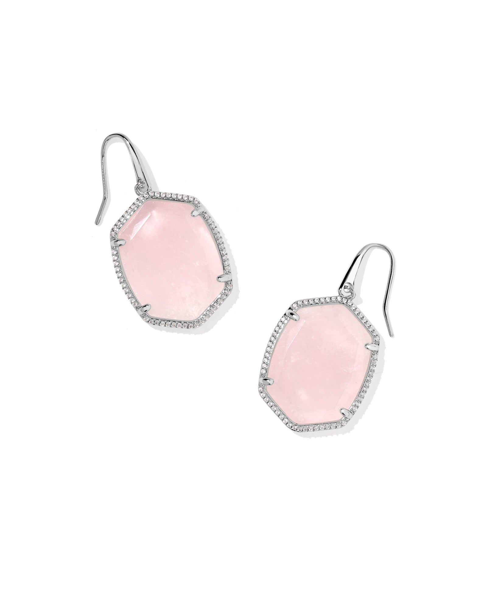 Daphne Silver Pave Frame Drop Earrings Rose Quartz