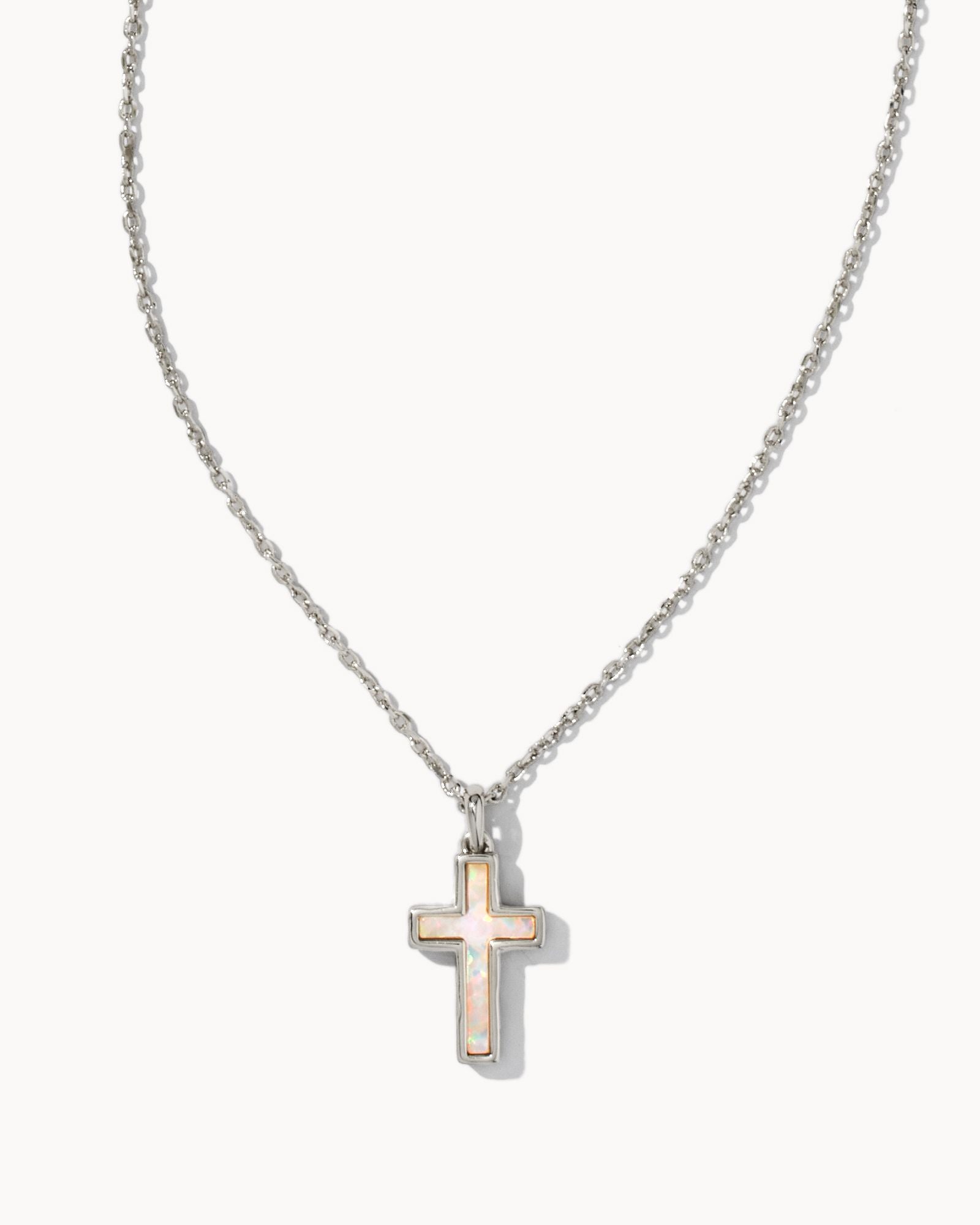 Cross Pendant Rhodium Necklace White Kyocera Opal