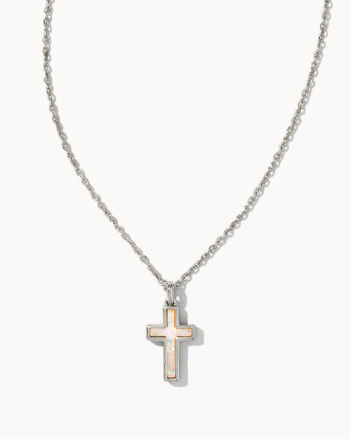 Cross Pendant Rhodium Necklace White Kyocera Opal