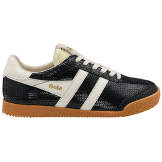 Black and white sneaker with brown sole on a white background