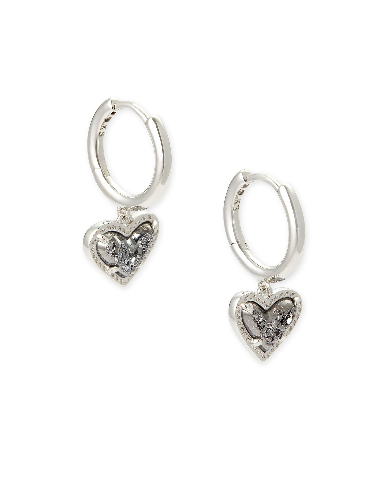 Ari Heart Huggie Earrings in Rhodium Platinum Drusy