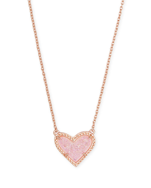 Ari Heart Short Pendant Necklace in Rose Gold Pink Drusy