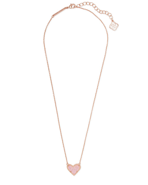 Ari Heart Short Pendant Necklace in Rose Gold Pink Drusy