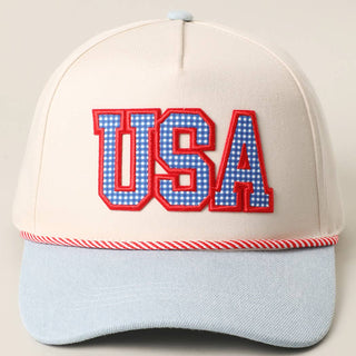 USA Gingham Letter Patch Star Brim Denim Trucker Hat - Sugar Co.