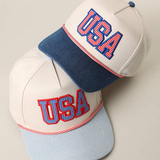 USA Gingham Letter Patch Star Brim Denim Trucker Hat - Sugar Co.