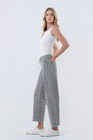 Wild Side High Rise Grey Leopard Barrel Jeans - Sugar Co.