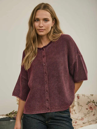 Wilson Washed Ribbed Cardigan Burgundy - Sugar Co.