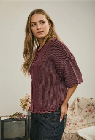Wilson Washed Ribbed Cardigan Burgundy - Sugar Co.