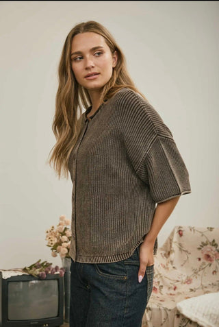 Wilson Washed Ribbed Cardigan Dark Brown - Sugar Co.