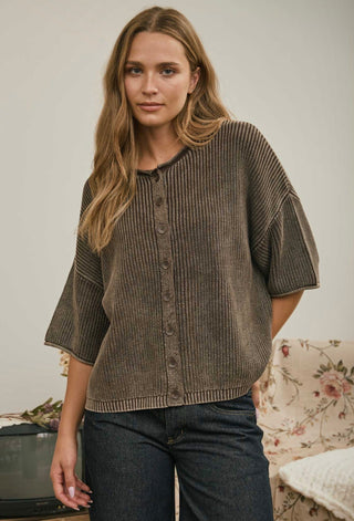 Wilson Washed Ribbed Cardigan Dark Brown - Sugar Co.