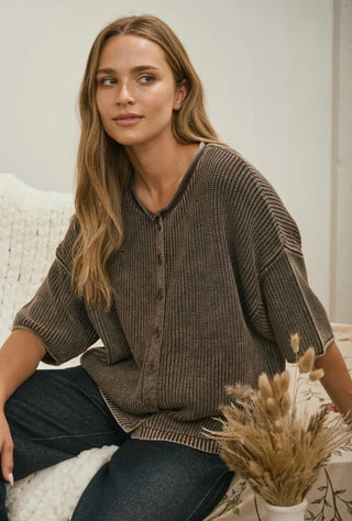 Wilson Washed Ribbed Cardigan Dark Brown - Sugar Co.